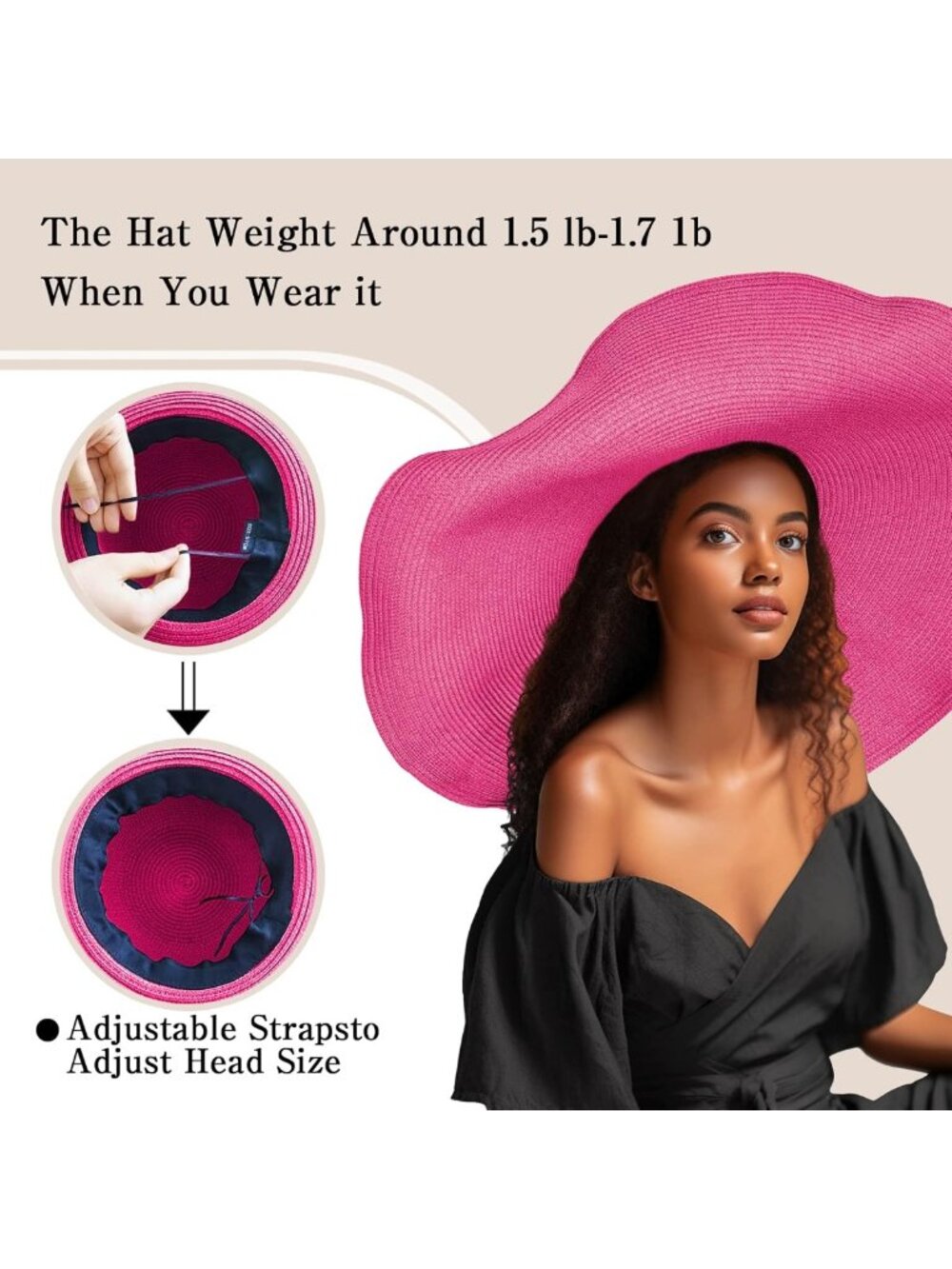 Oversized Wide Brim Straw Hat for Women | Floppy Roll-Up Sun Visor for Beach - Picture 3 of 7
